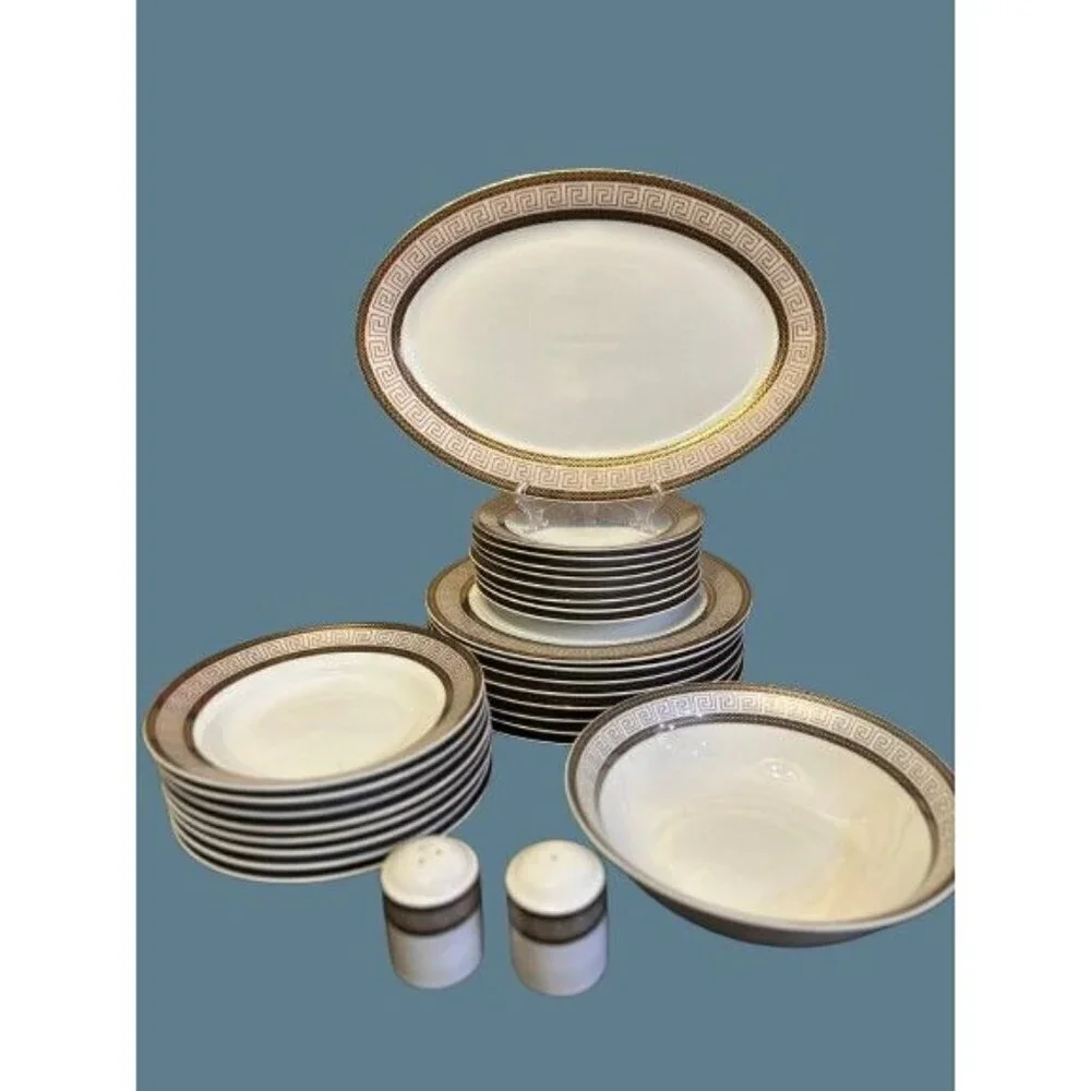 28 Piece Vintage Chattanooga Dining Set with Gold Greek Key Accents